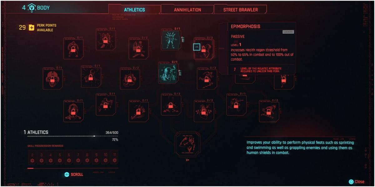 Descrição da epimorfose do Cyberpunk 2077 na árvore de habilidades do corpo