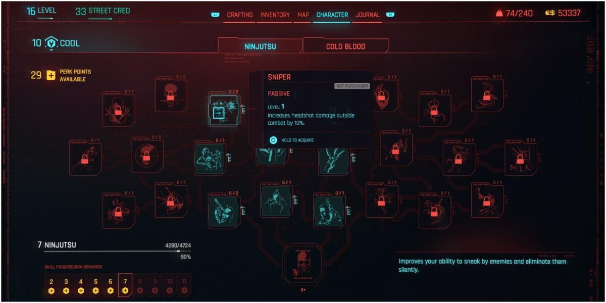 Descrição do Cyberpunk 2077 Sniper na árvore legal de habilidades