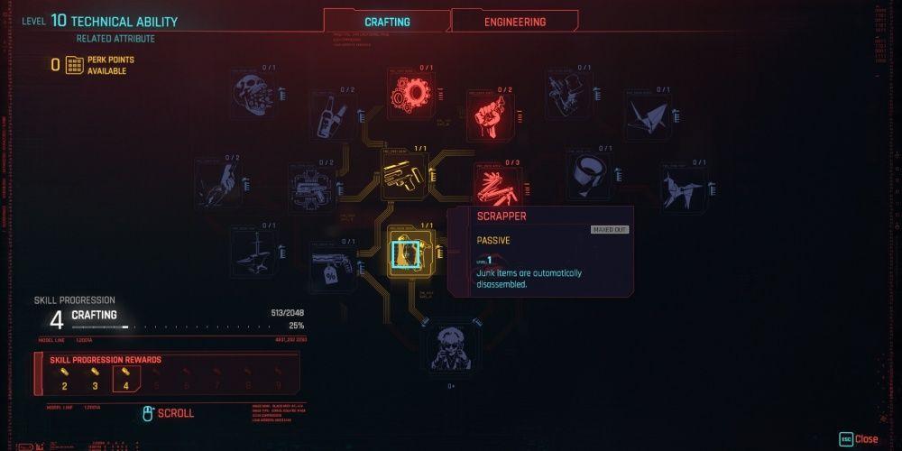 Descrição do Cyberpunk 2077 Scrapper no menu do personagem