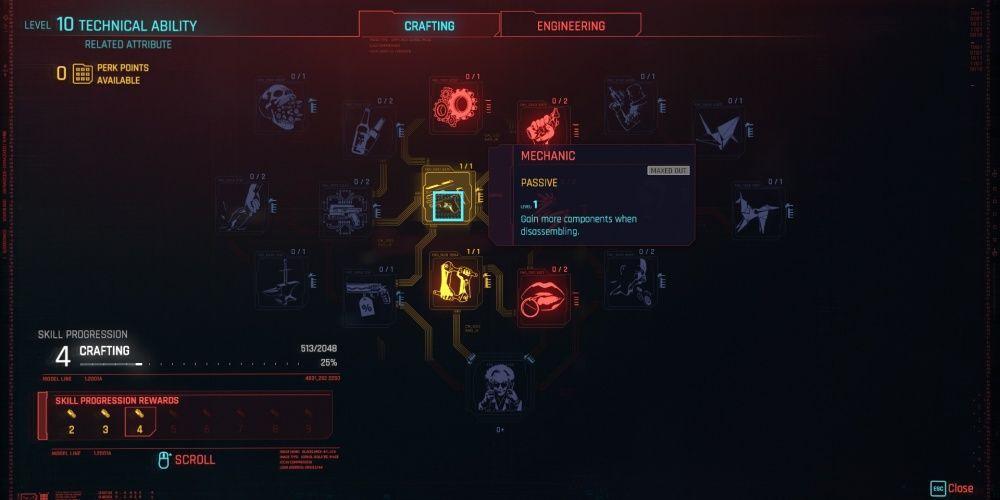 Descrição da mecânica do Cyberpunk 2077 no menu do personagem