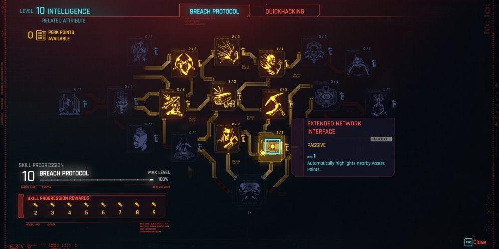 Interface de rede estendida do Cyberpunk 2077 no menu de personagens