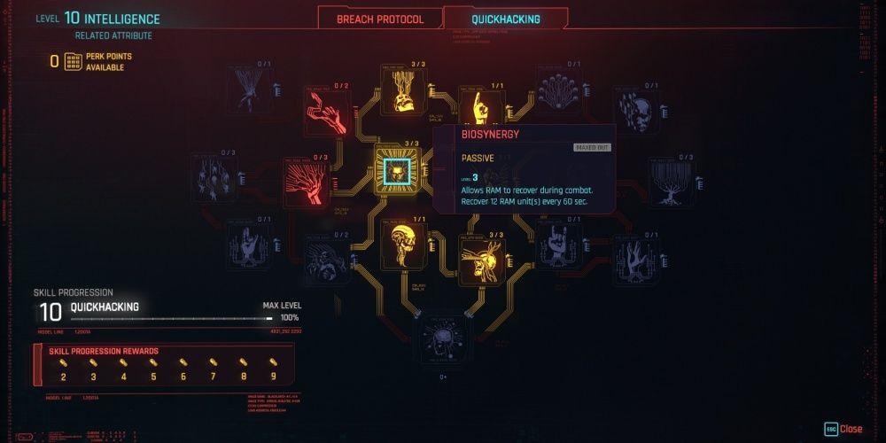 Cyberpunk 2077 Descrição da biossinergia no menu de personagens