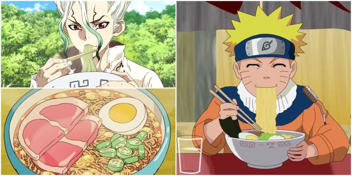 Colagem de personagens de anime comendo Ramen Dr Stone Naruto Senku