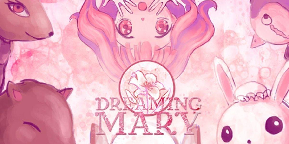 Mary e quatro animais dispostos em torno do logotipo do título em Dreaming Mary