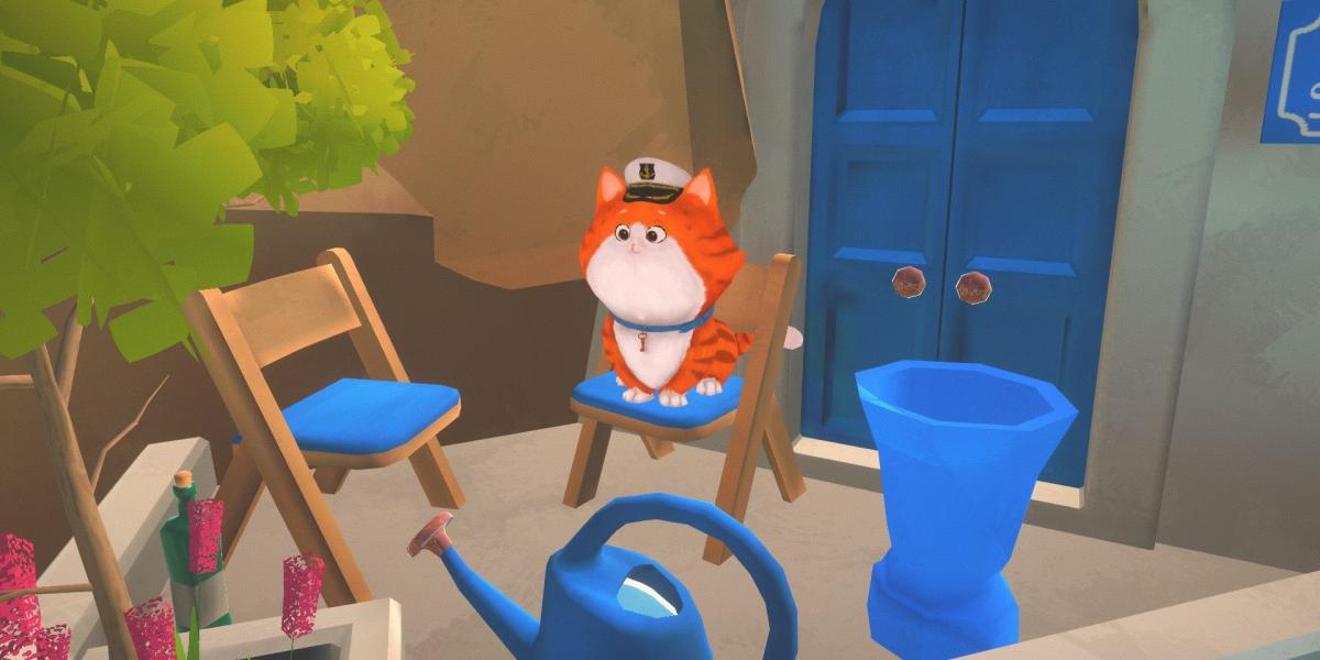 Um gato usando um chapéu de capitão sentado em uma cadeira em Cats in Time