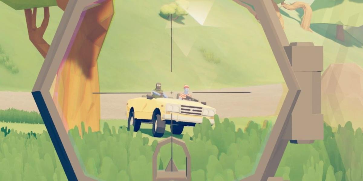 Um jogador olhando através de uma mira de atirador para duas pessoas dirigindo um carro em Totally Accurate Battlegrounds