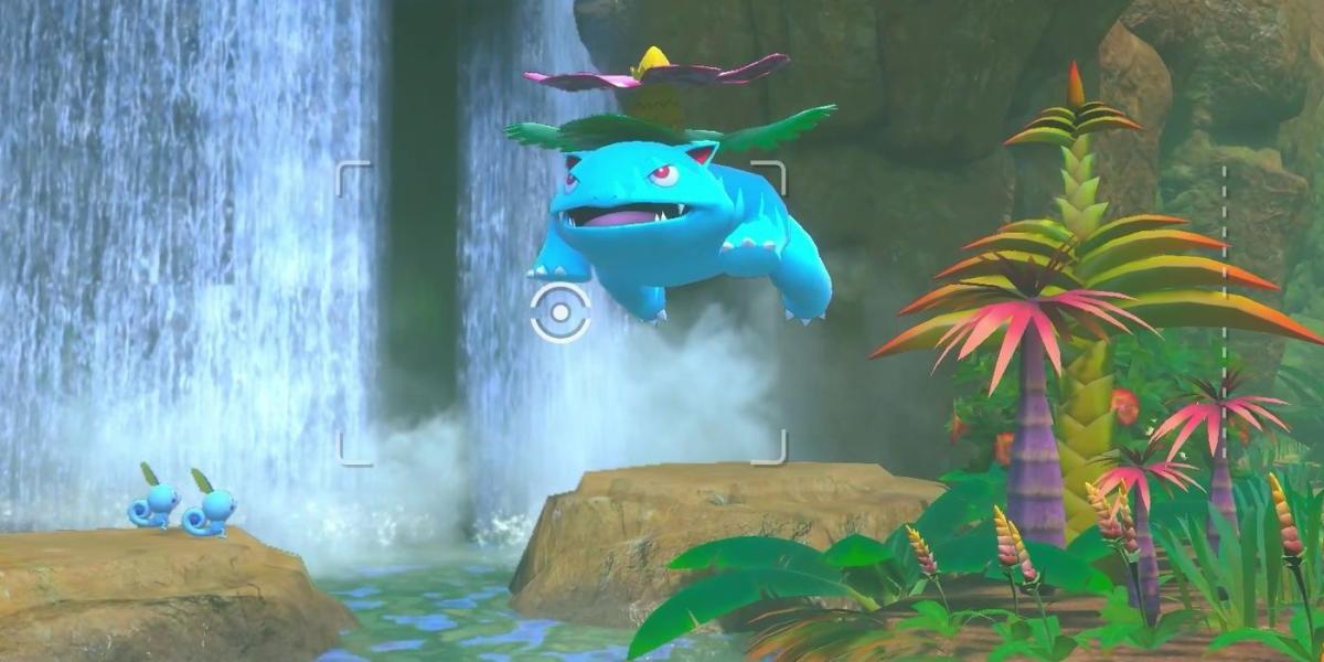 Bulbasar pulando na água no novo Pokemon Snap