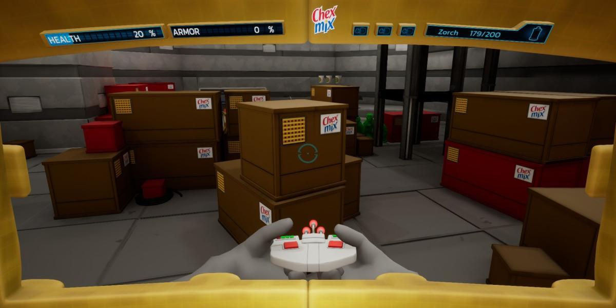 O jogador apontando um zorcher para caixas que dizem