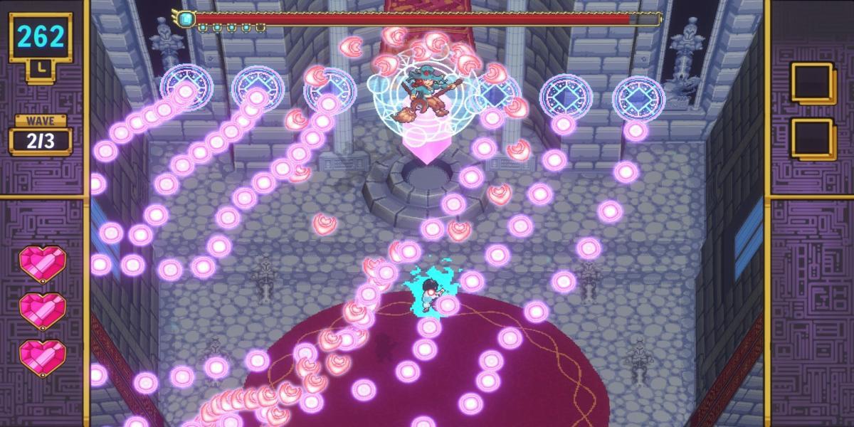 O jogador tenta se esquivar de ataques durante uma batalha de chefe