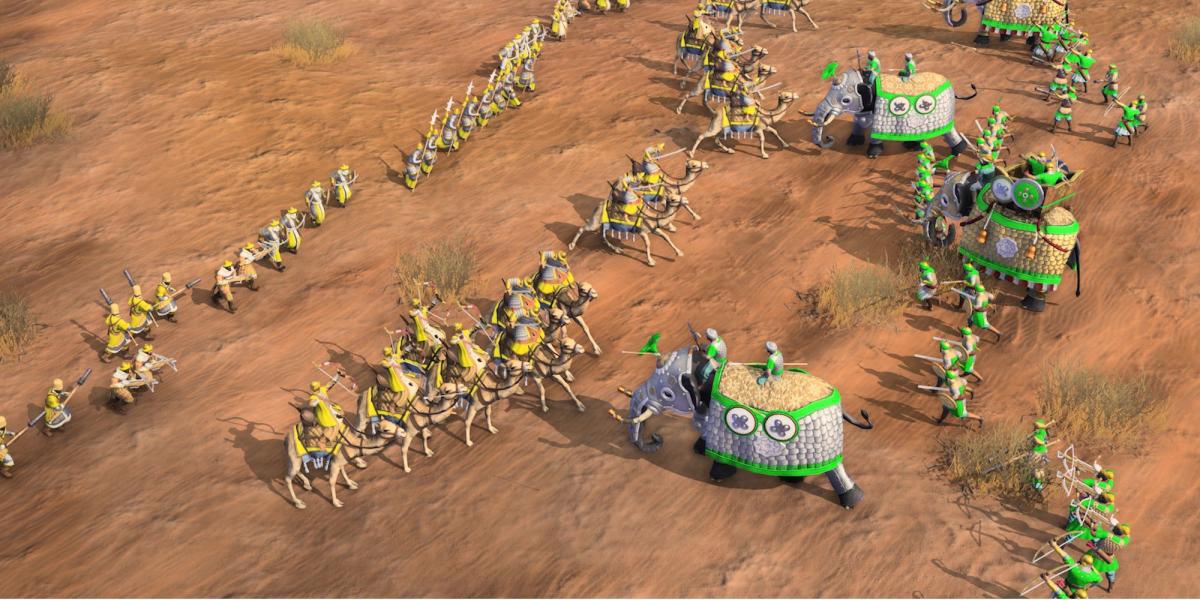 Grandes Jogos PvE - Age of Empires IV - Jogador ataca cavalaria com elefantes