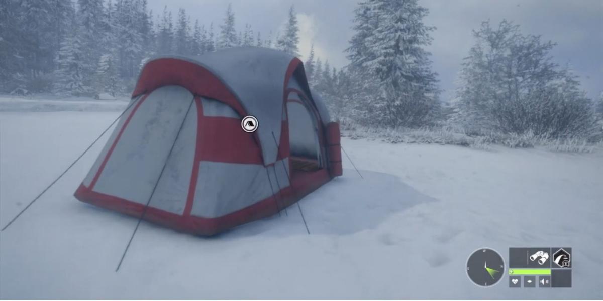 TheHunter - Call of the Wild - Monte tendas para se abrigar - O jogador monta a barraca em um terreno cheio de neve