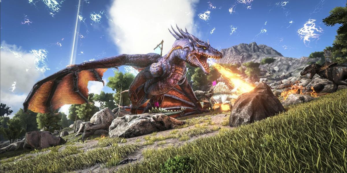 Um dragão cospe fogo durante uma invasão no videogame Ark Survival Evolved