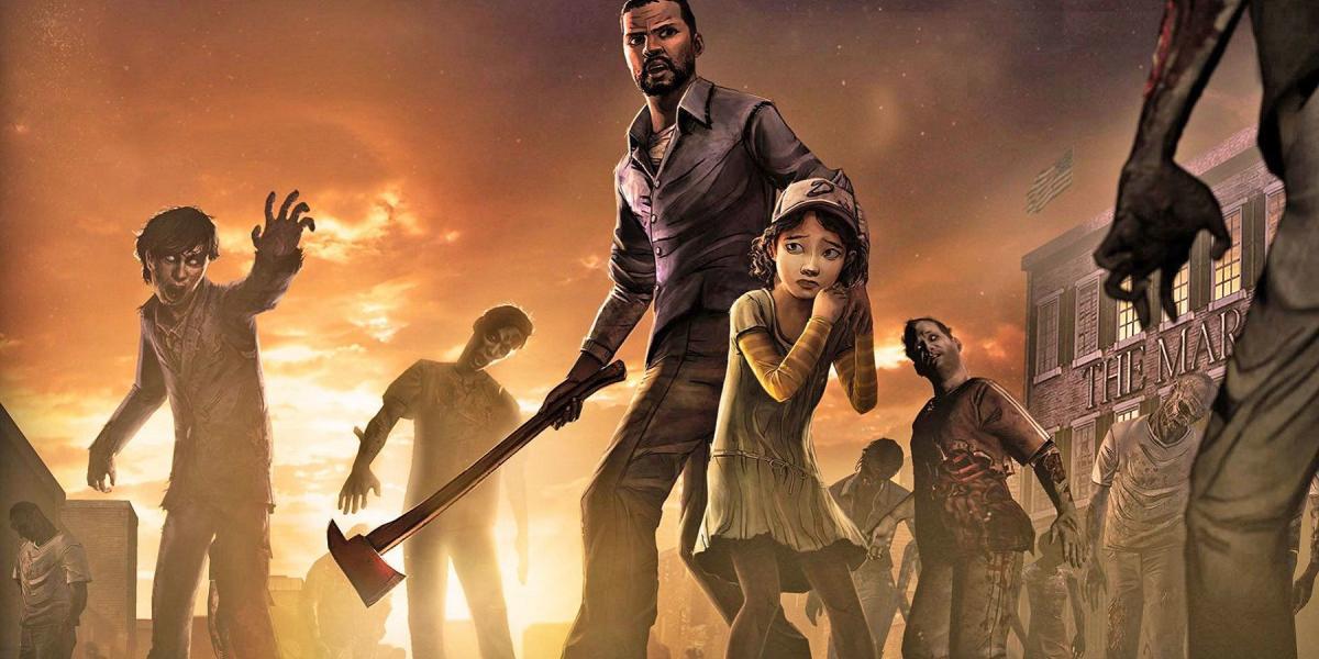 Imagem de The Walking Dead mostrando Lee e Clementine cercados por zumbis.