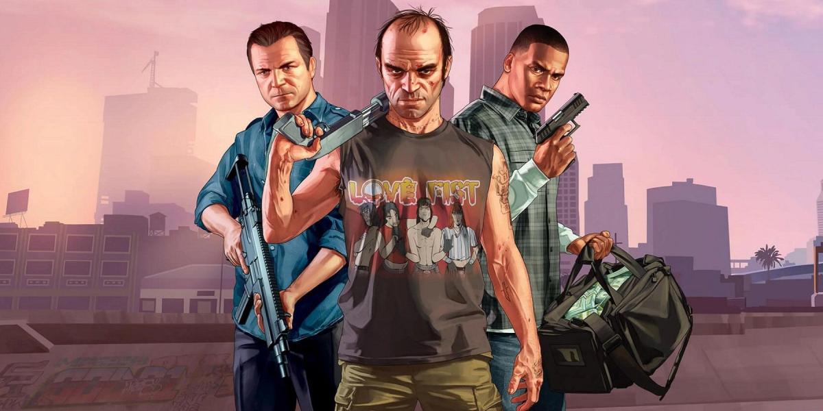 Imagem de Grand Theft Auto 5 mostrando Michael, Trevor e Franklin segurando armas.