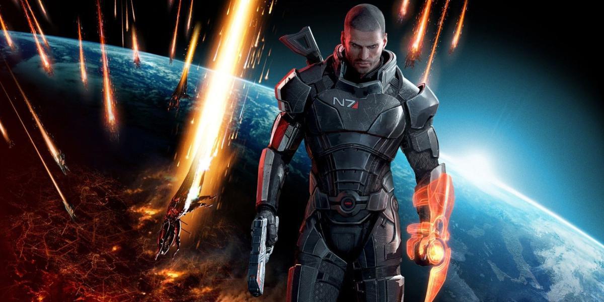 Mass Effect Um soldado blindado se afasta de uma Terra sitiada