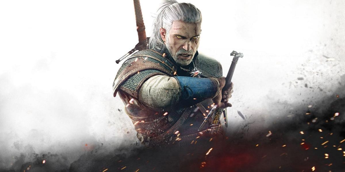 Imagem de The Witcher 3 mostrando Geralt prestes a desembainhar sua espada.
