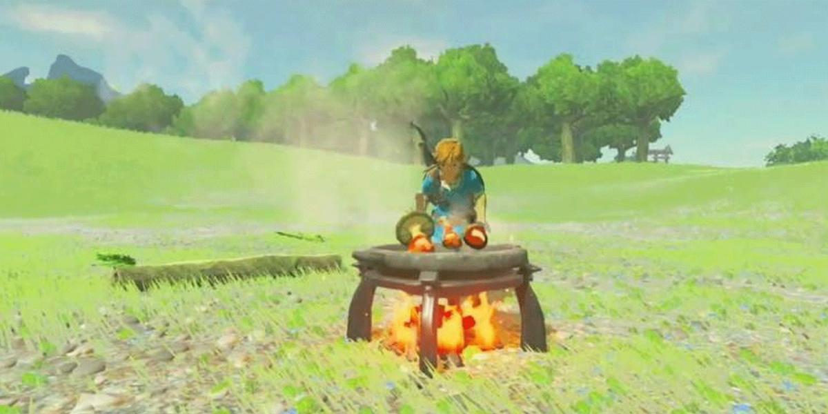 Cozinhar Link em Legend of Zelda: Breath of the Wild.