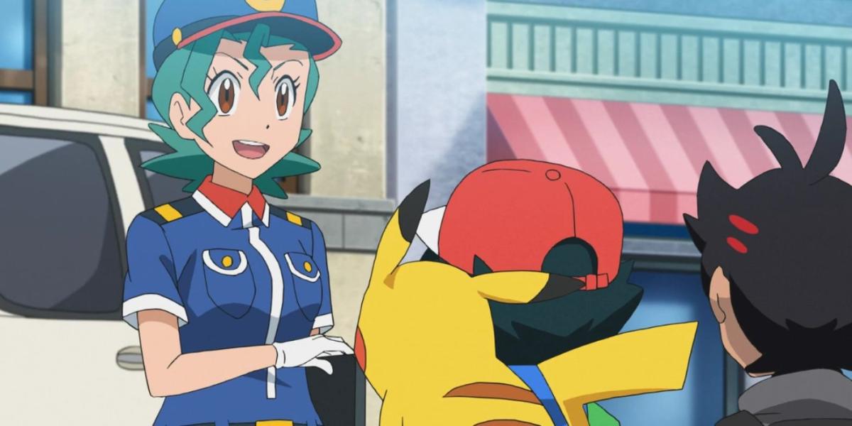 Pokemon Officer Jenny falando com Ash e amigos
