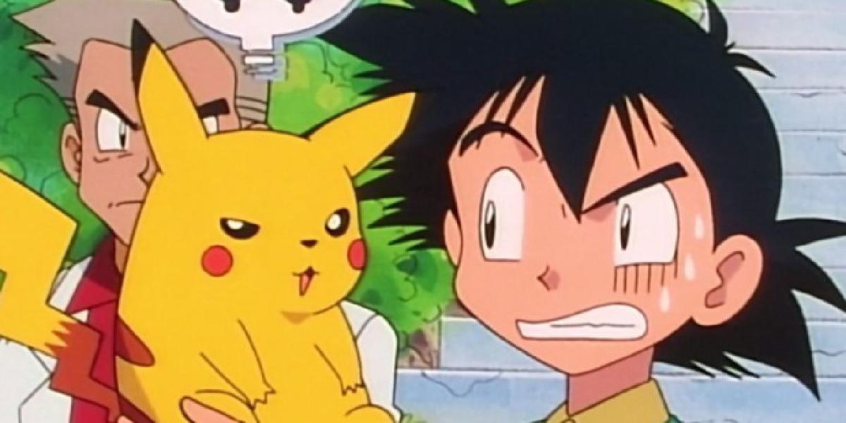 Ash fazendo careta para Pikachu