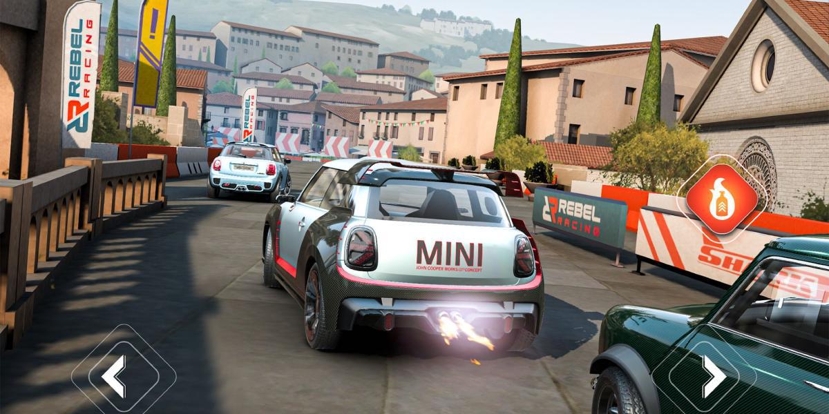 Melhores jogos de corrida para dispositivos móveis - Rebel Racing - Jogador ultrapassa carro em uma rua movimentada