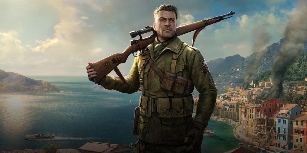 Capa do Sniper Elite 4 - Karl em pé com a ilha de San Celin ao fundo