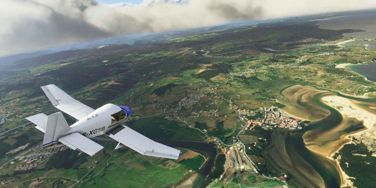 Sobrevoando uma cidade ribeirinha no Microsoft Flight Simulator