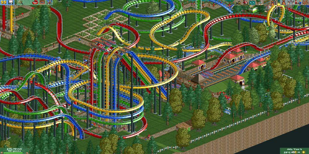 vista aérea de um parque temático em rollercoaster tycoon 2