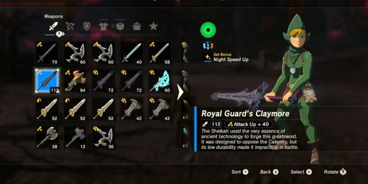 Um Claymore da Guarda Real no inventário de Link