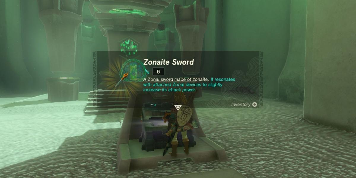Link obtendo uma Espada Zonaite de um baú de tesouro