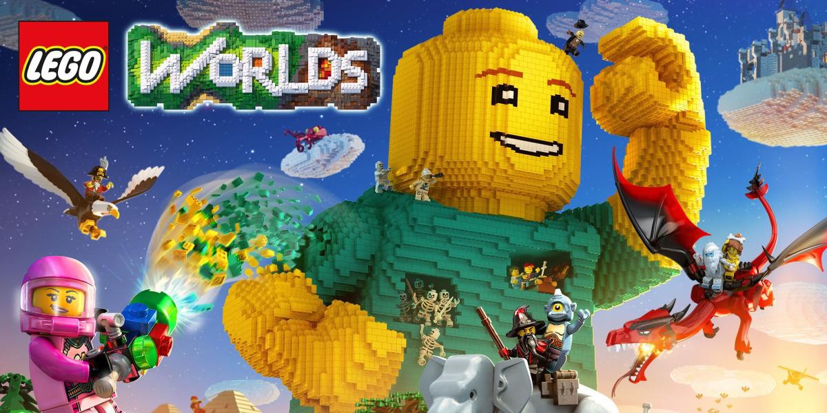 Cubra a arte do Lego Worlds com uma pessoa gigante de Lego olhando para longe