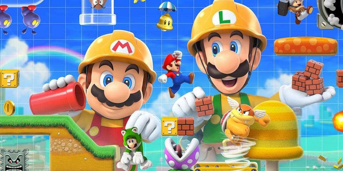 Mario e Luigi fazendo fases juntos em Super Mario Maker 2