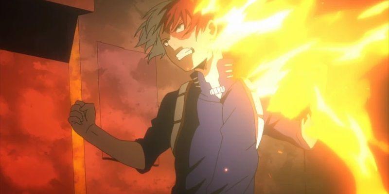 Shoto usando seus poderes de fogo contra Stain no anime My Hero Academia