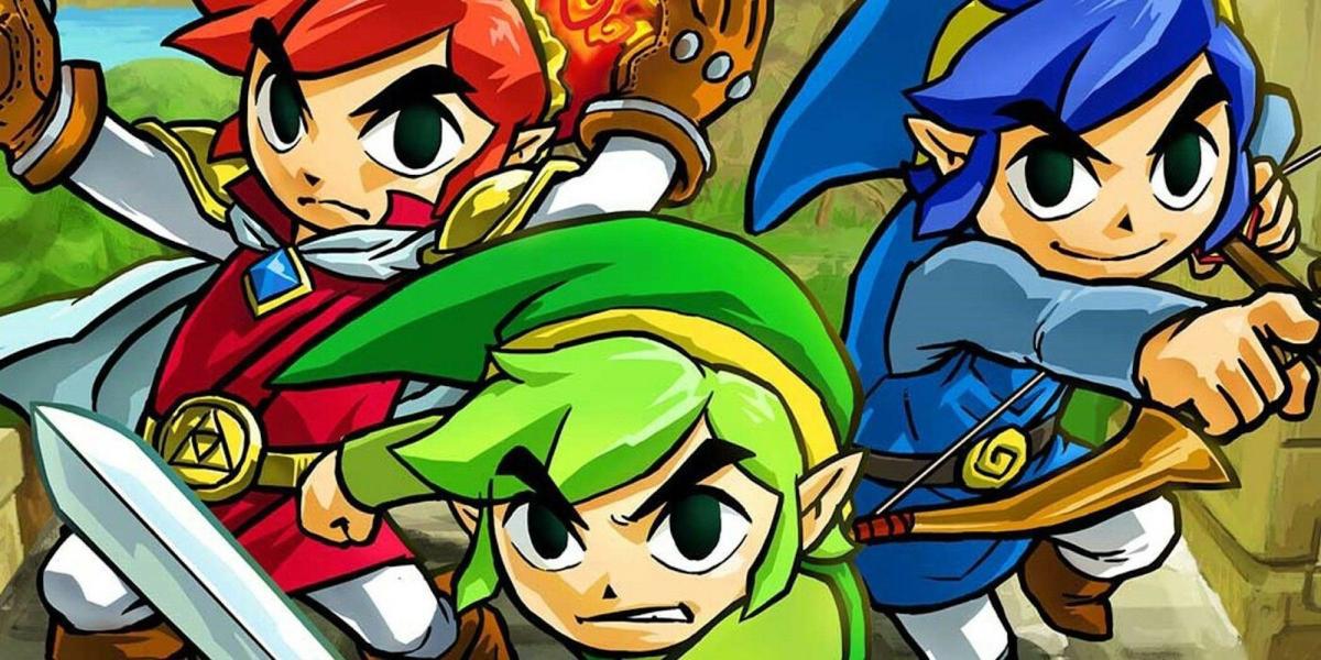 Arte promocional com os três Links em The Legend of Zelda Tri Force Heroes