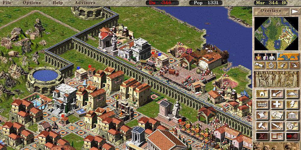 Uma visão aérea de uma cidade romana em Caesar 3, com os fundos do jogo, população e data no topo, bem como uma grade de opções de construção à direita. Fonte da imagem: nag.co.za