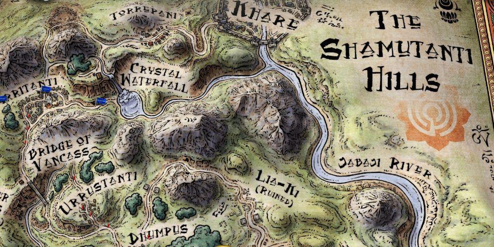 Um mapa aéreo do mundo do jogo de Steve Jackson's Sorcery, com montanhas, florestas e rios. Fonte da imagem: Escapistmagazine.com