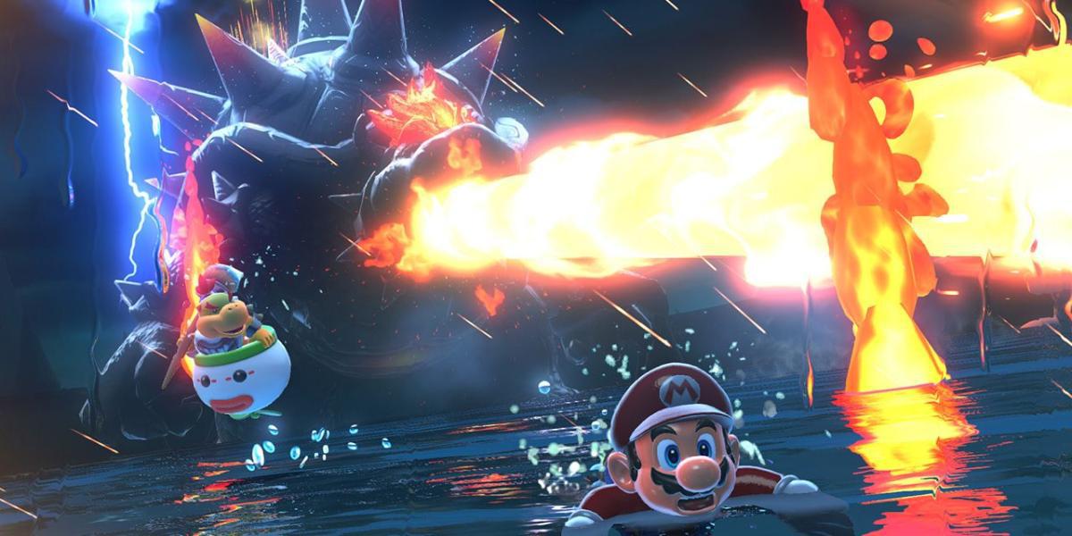 Mario caindo na frente de Bowser cuspindo fogo em Super Mario 3D World + Bowser's Fury