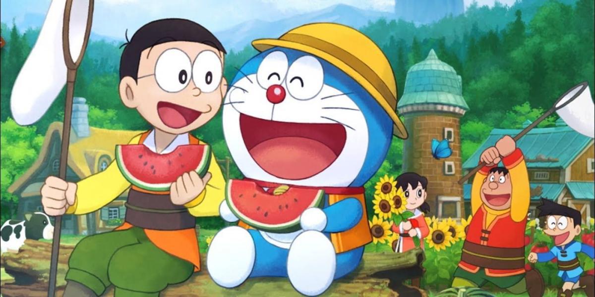 Arte promocional com os personagens principais de Doraemon
