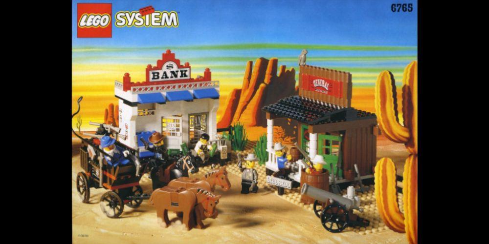 LEGO Western Town com cowboys, um banco, um armazém geral e uma carroça puxada por cavalos. Fonte da imagem: Brickset.com