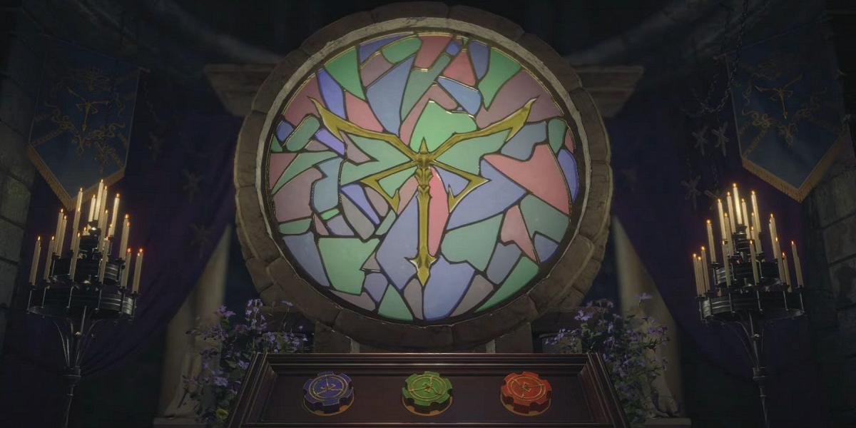 O quebra-cabeça da janela colorida na igreja em Resident Evil 4.