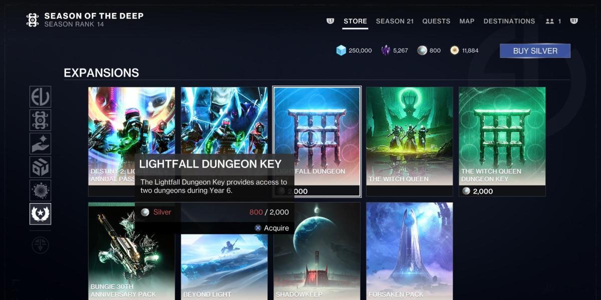 Um jogador comprando a Lightfall Dungeon Key em Destiny 2