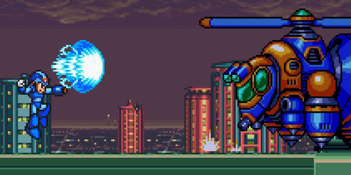 Mega Man disparando uma explosão de carga em um robô abelha