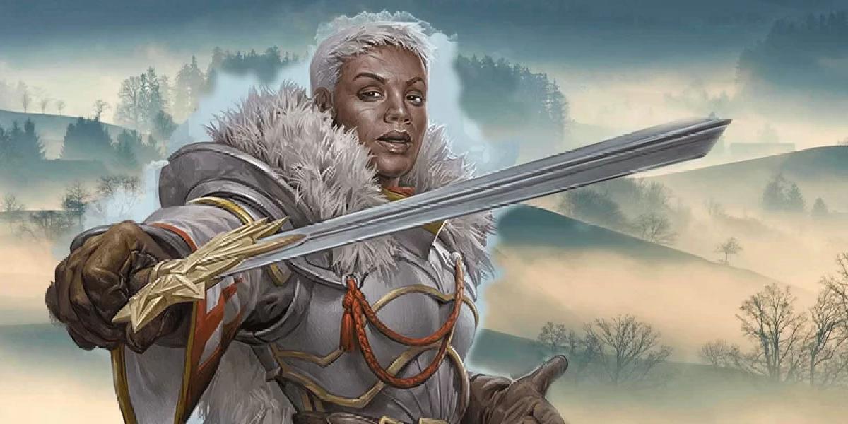Uma mulher de armadura agasalhada contra as intempéries da tundra brande sua espada de forma desafiadora.