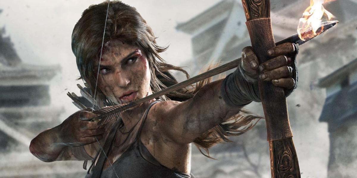 Lara Croft mirando uma flecha flamejante em um pôster de Tomb Raider 2013