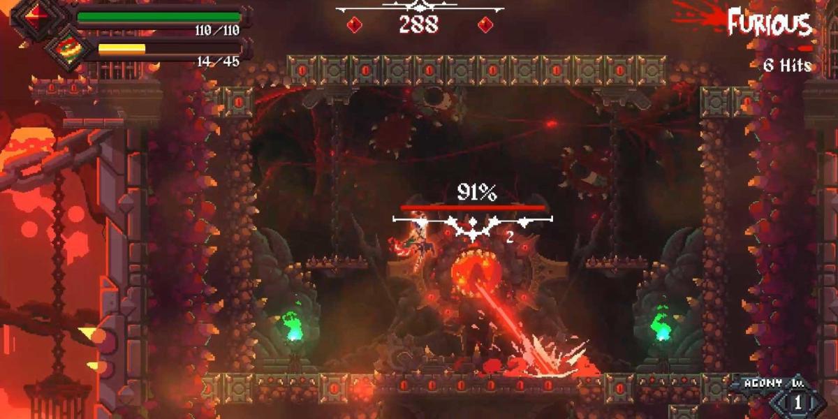 Um jogador atacando um chefe em Rising Hell