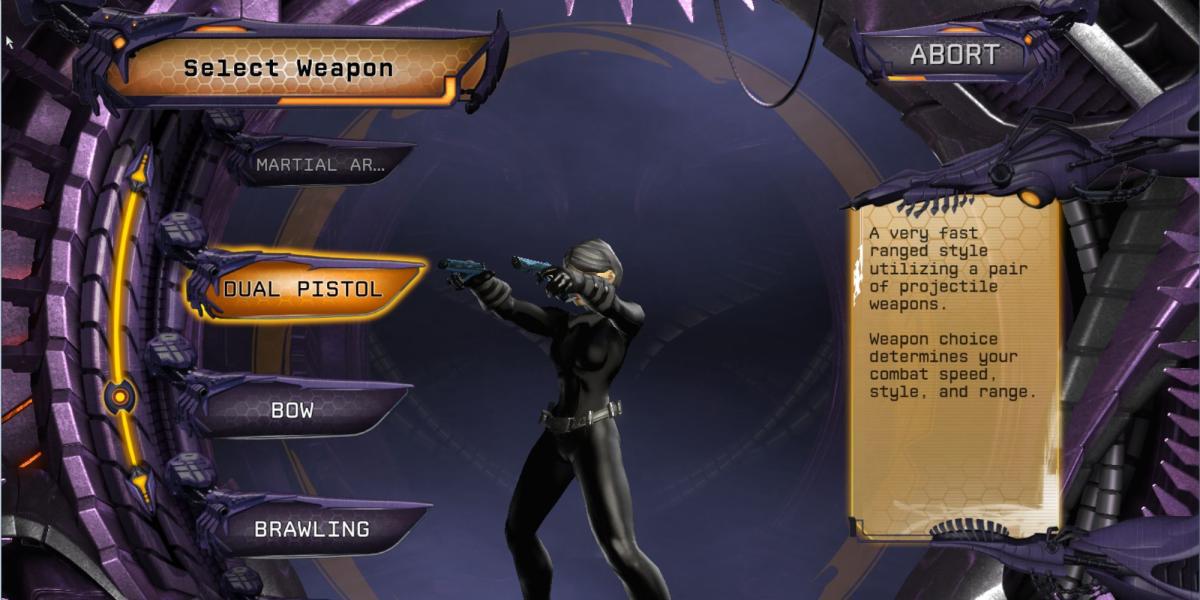 Um jogador escolhendo uma arma no DC Universe Online