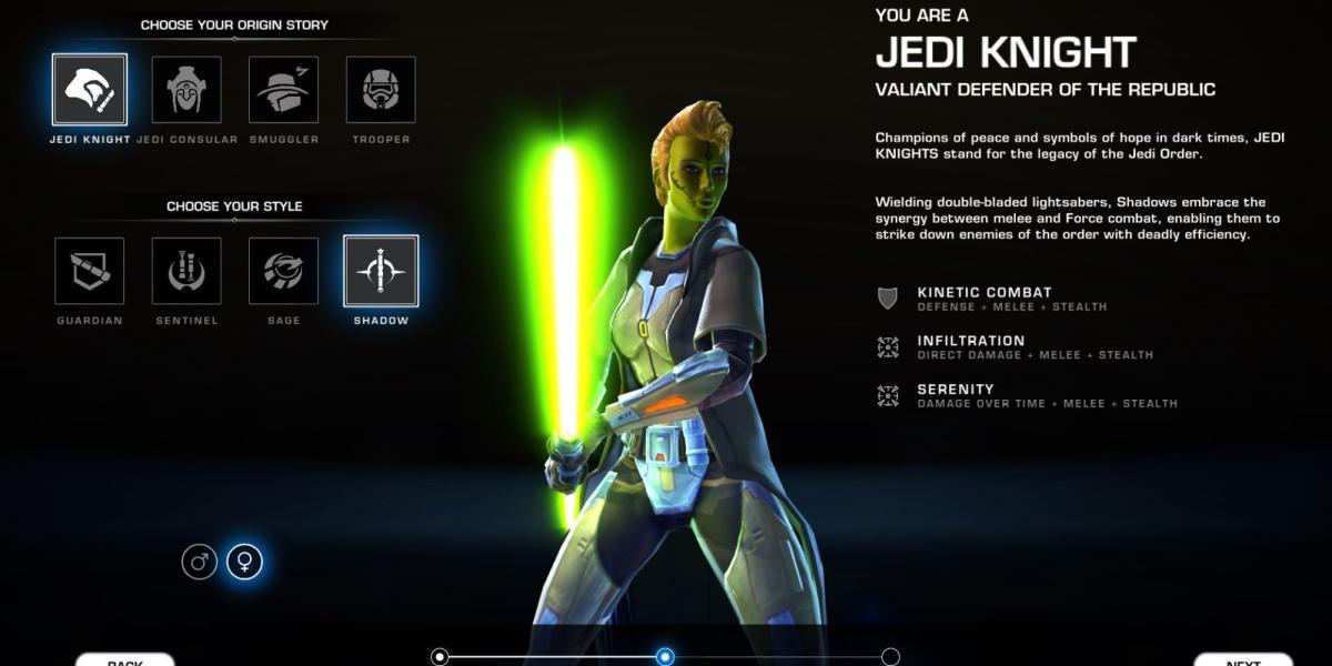 Um jogador selecionando para jogar como um Cavaleiro Jedi em Star Wars: The Old Republic
