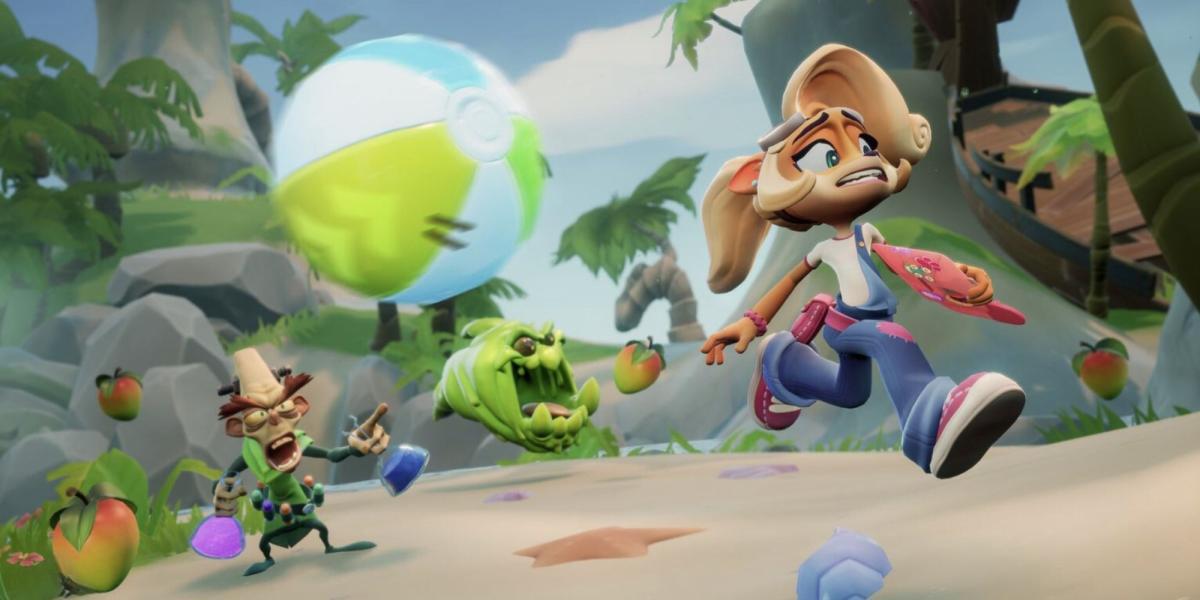 Coco Bandicoot correndo de um ataque de N Brio em Crash Team Rumble