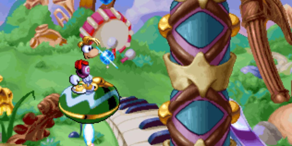 Rayman em uma plataforma de castanholas em Band Land