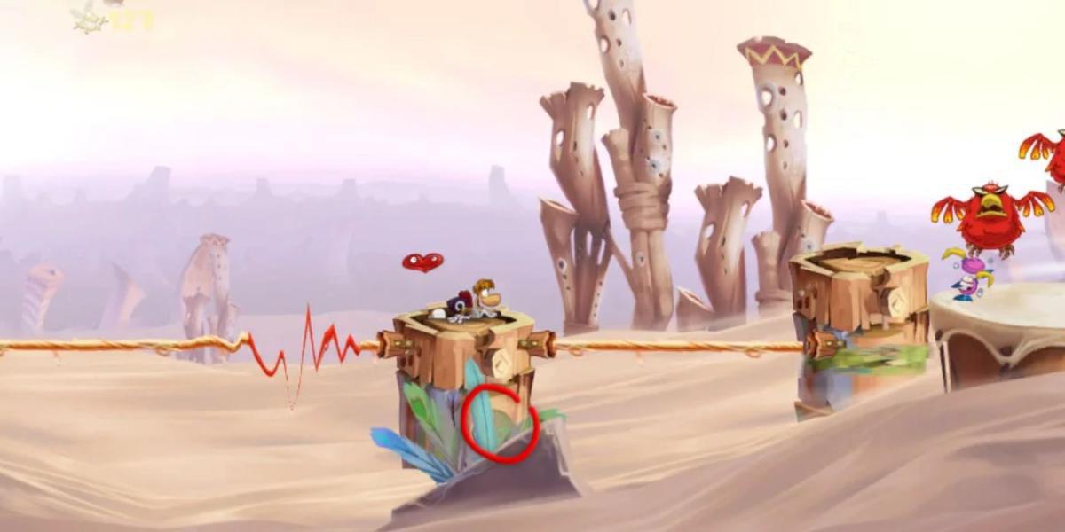 Rayman em uma plataforma no Deserto de Dijiridoos