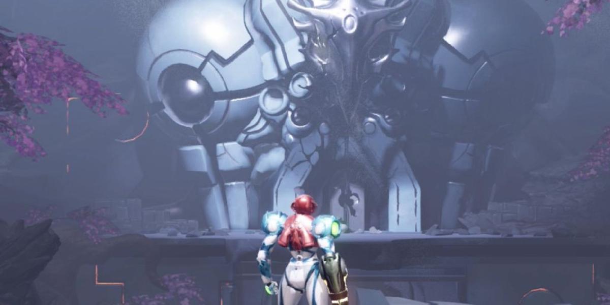 Samus encarando um templo Chozo na área de abertura de Metroid Dread